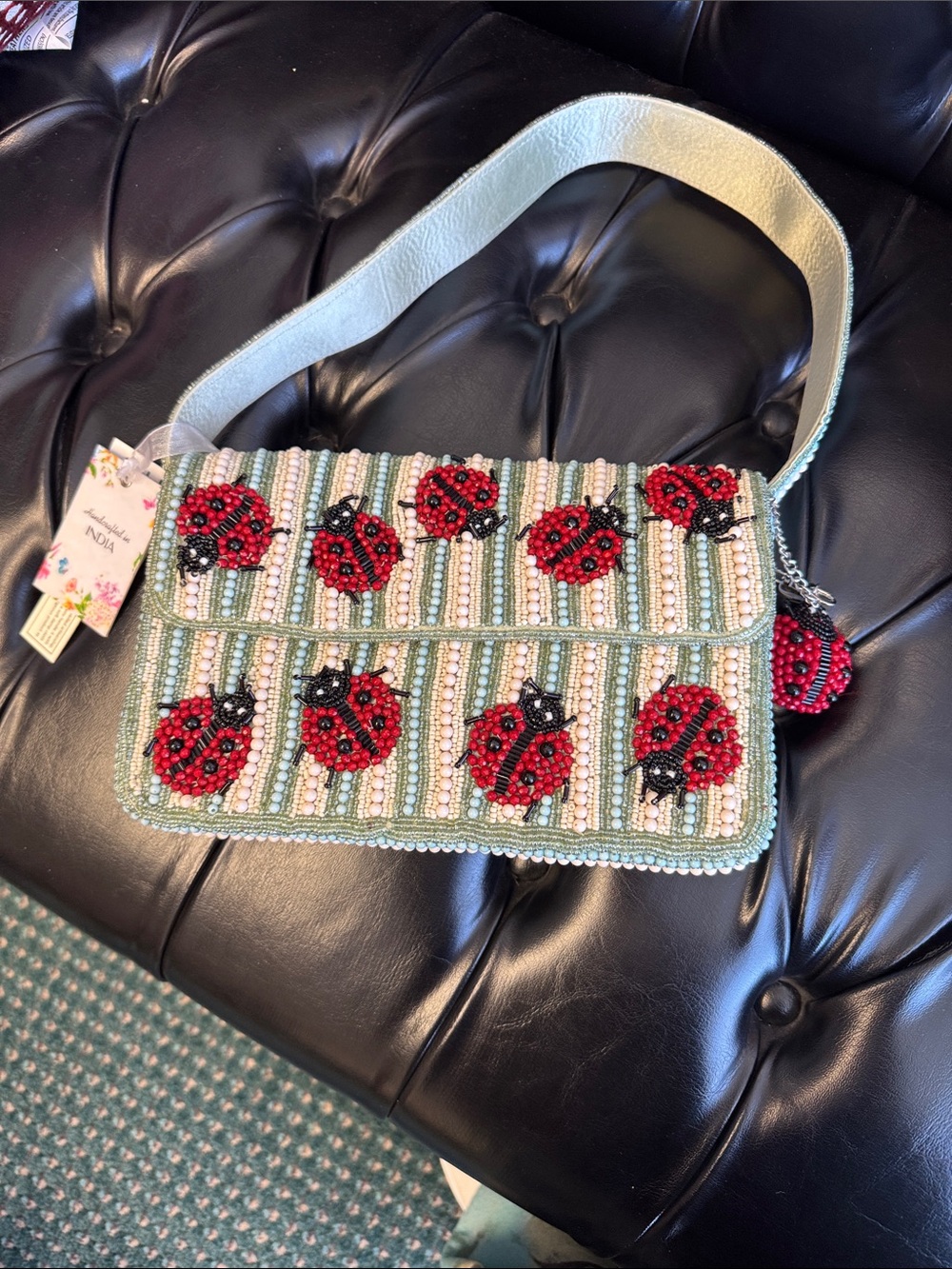 Viral Beaded Ladybug Shoulder Bag in Mint Green with charm